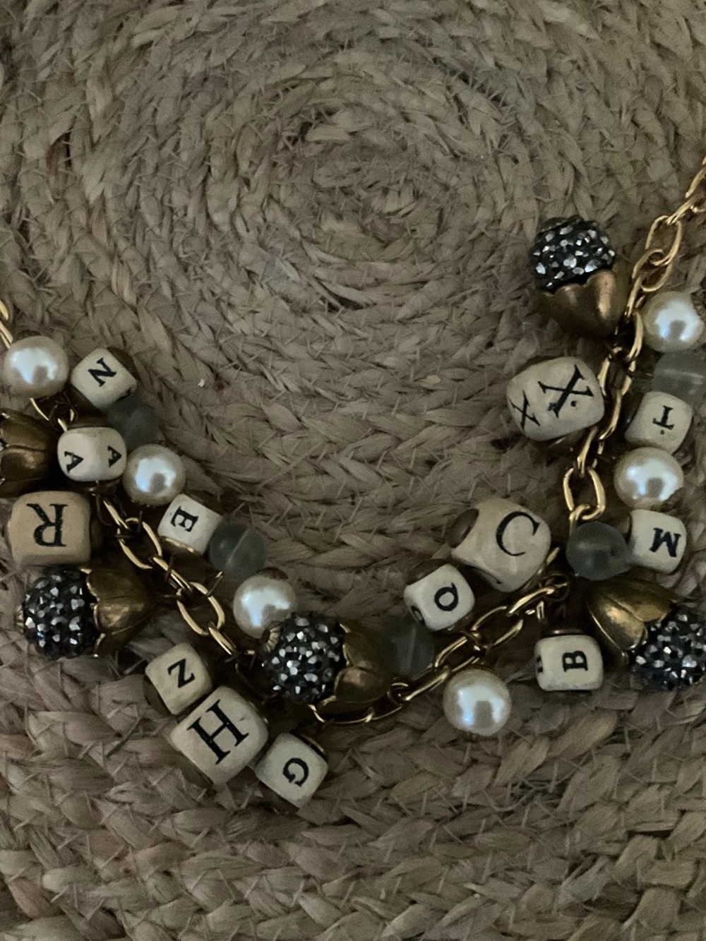 Lenora Dame Wooden Alphabet Charm Rhinestone Necklace 18" NWT